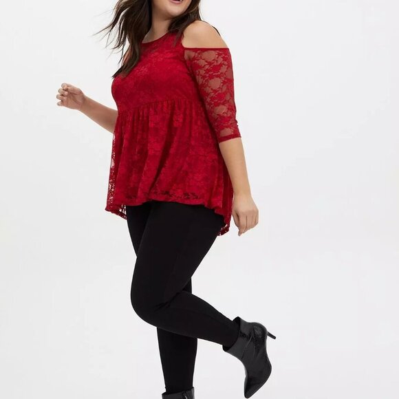 Babydoll Stretch Lace Cold Shoulder Top - Picture 3 of 9